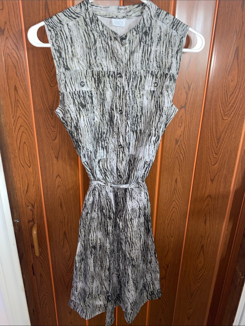 Vintage Suzy Sheer Sleeveless Black & White Printed Shirt Dress with Tie Waist